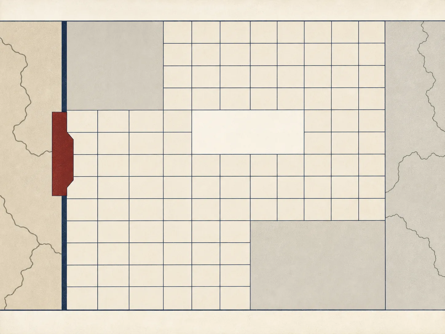 Abstract ruled grid with a burgundy locator tab and boundary lines